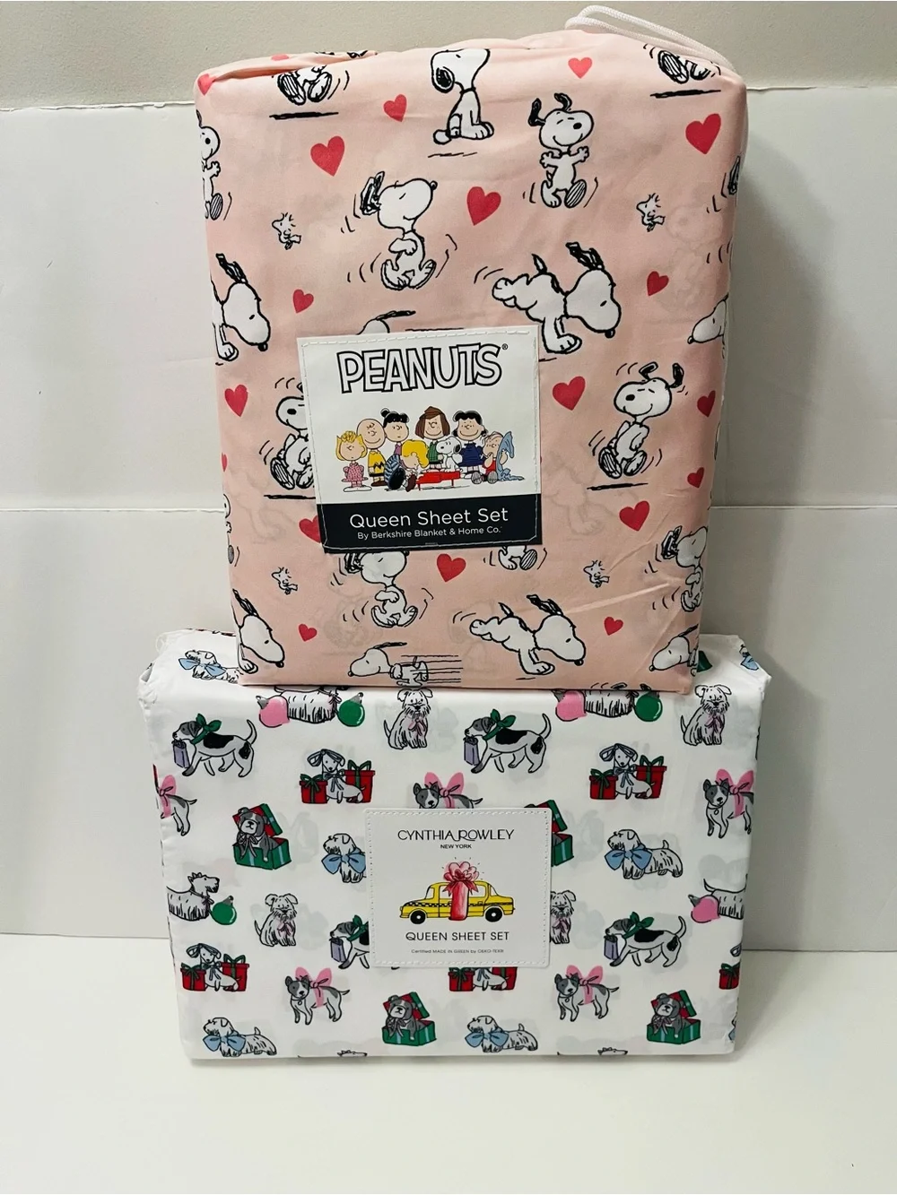 Berkshire Peanuts & Cynthia Rowley Lot of 2 Queen Sheet Sets Christmas Valentine